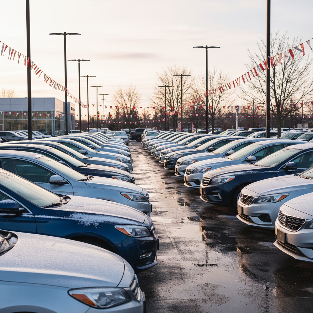 Snow-dusted car dealership lot in Canada during late November with rows of vehicles under a pale winter sky