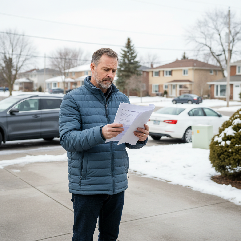 Man reviewing car loan paperwork in a snowy Canadian driveway after a vehicle repossession