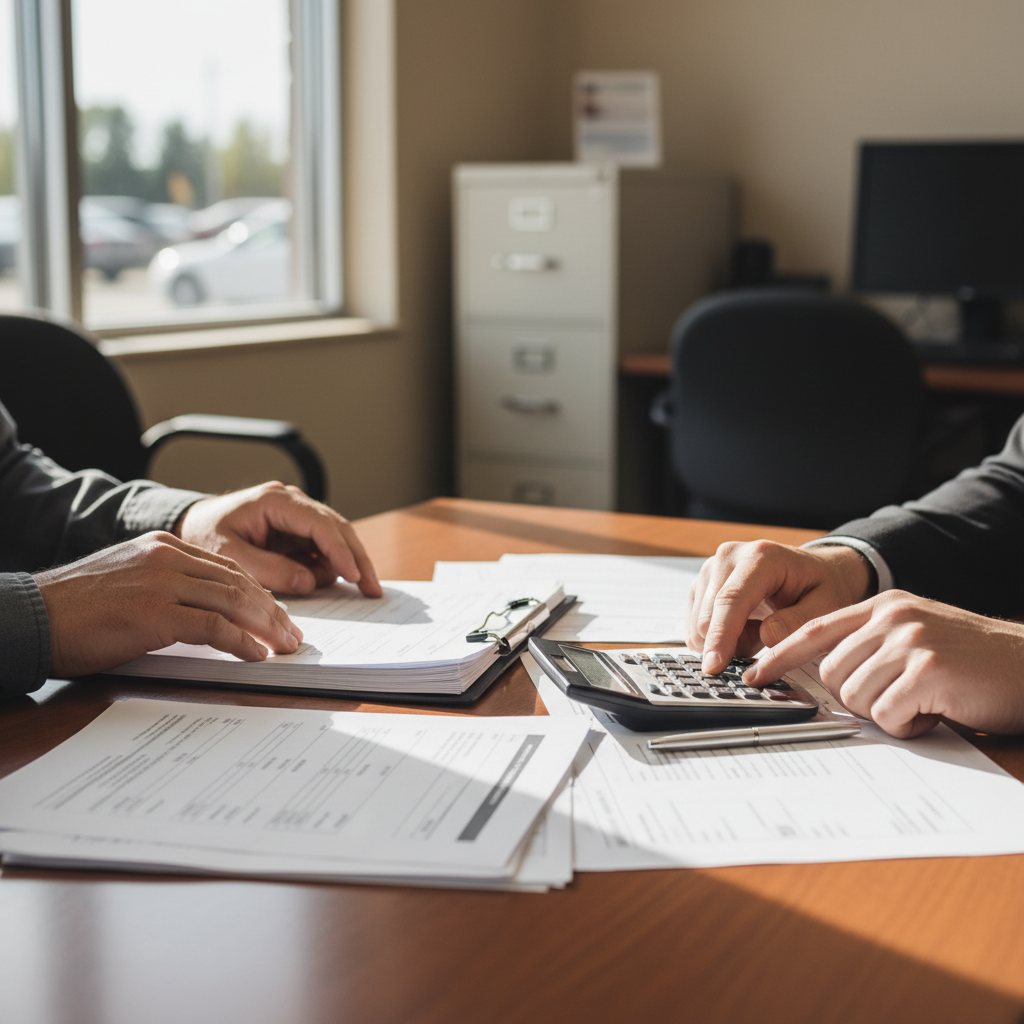 Canadian car buyer reviewing financing paperwork with a finance manager at a dealership desk