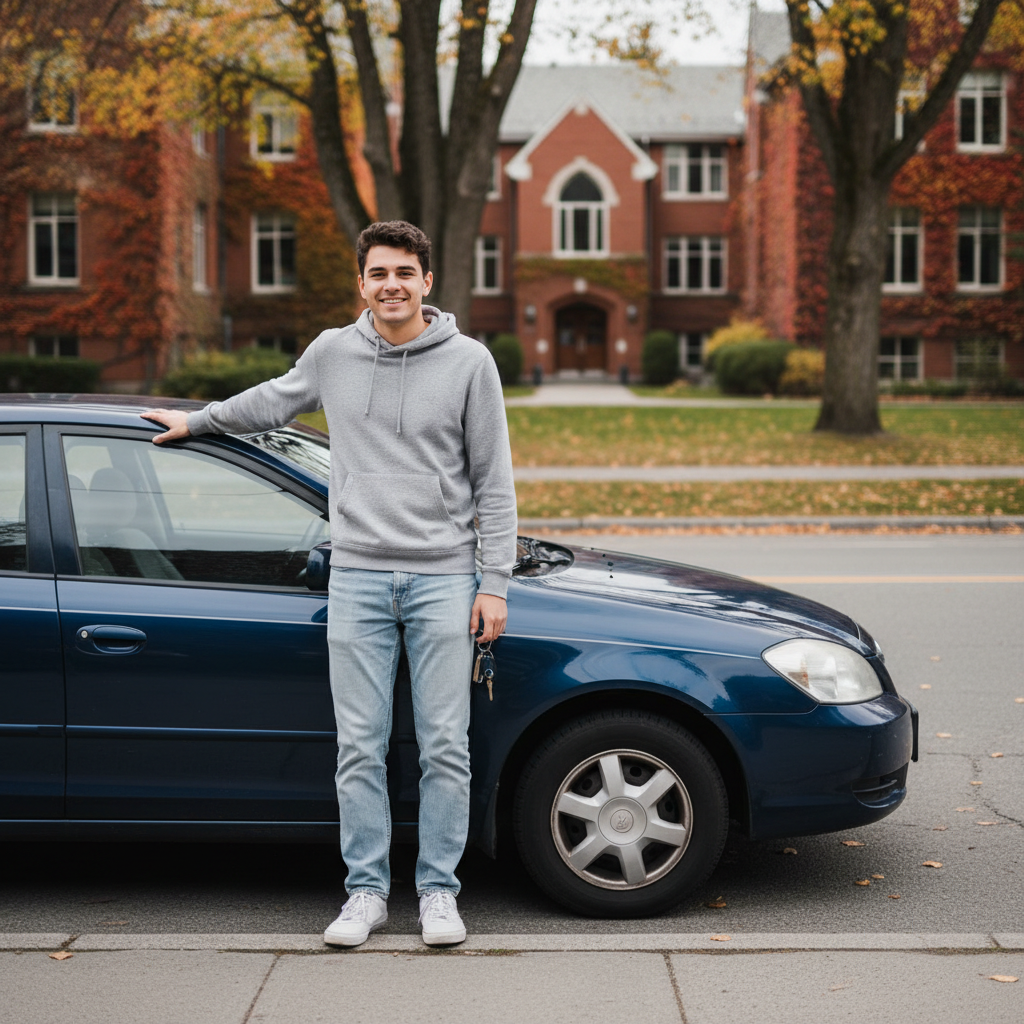 A university student standing beside a modest used car on a Canadian campus street, holding car keys