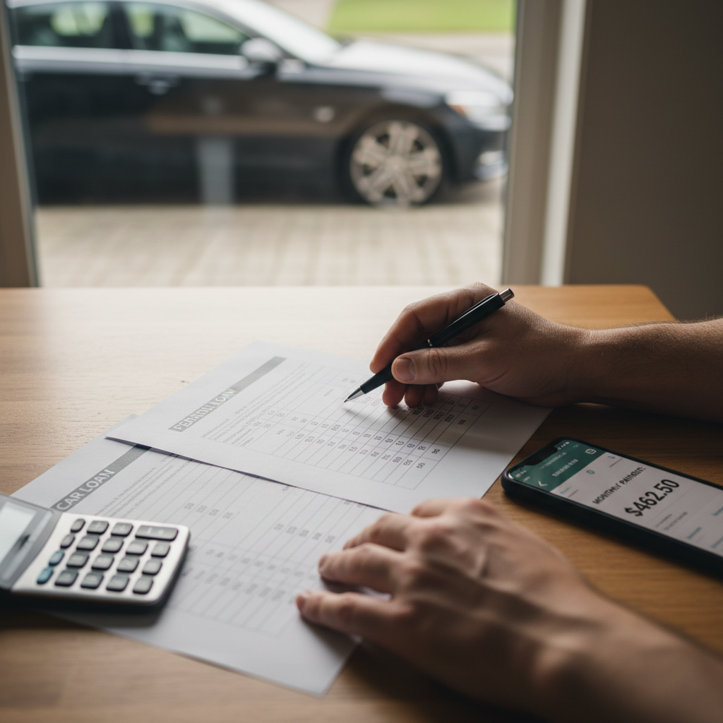 Hands comparing a car loan document and a personal loan document at a table with a calculator, with a car visible in the background