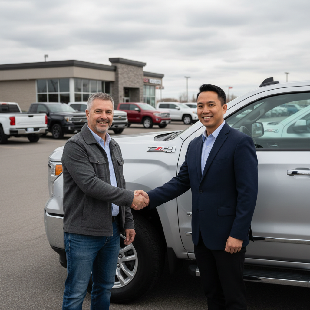 A man shaking hands with a salesperson beside a silver pickup truck on a dealership lot in Canada