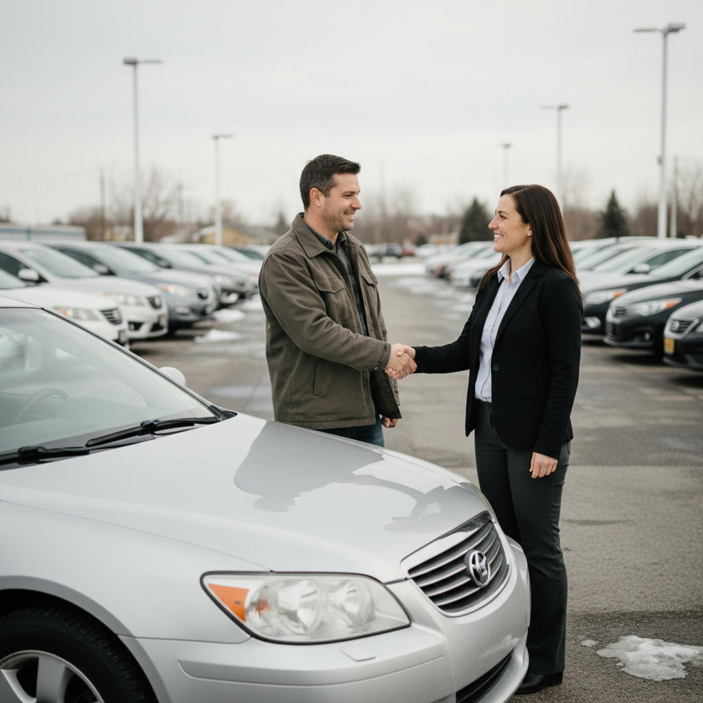 Car buyer shaking hands with a salesperson beside a used sedan on a Canadian dealership lot
