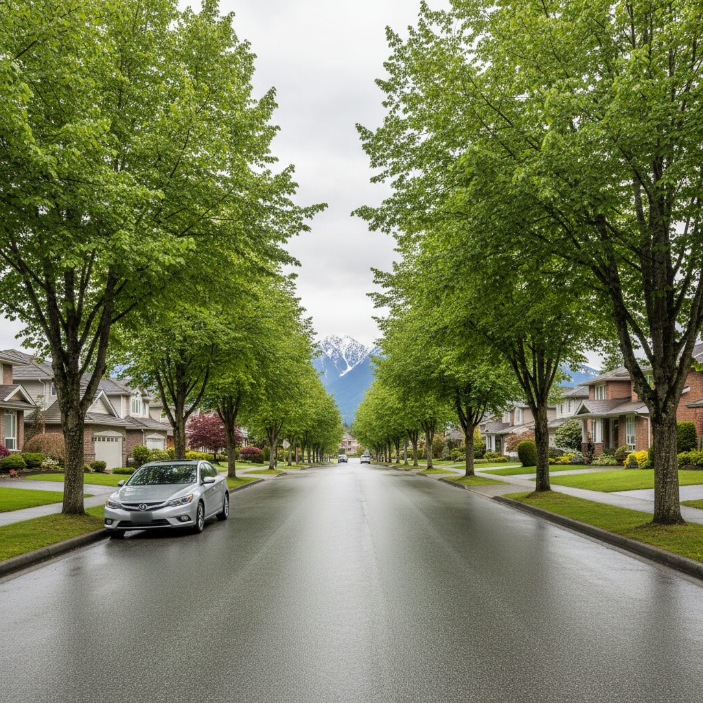 Car parked along a tree-lined suburban street in Metro Vancouver on a clear day