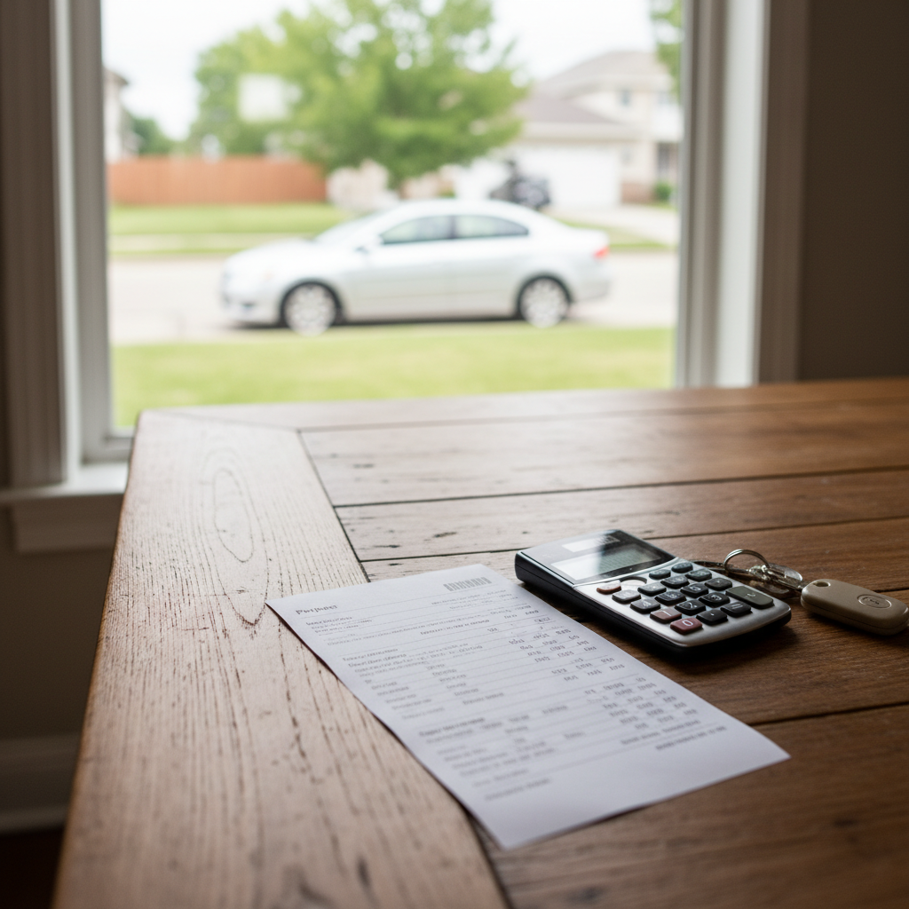 Canadian kitchen table with car keys and budget papers beside a window overlooking a parked sedan