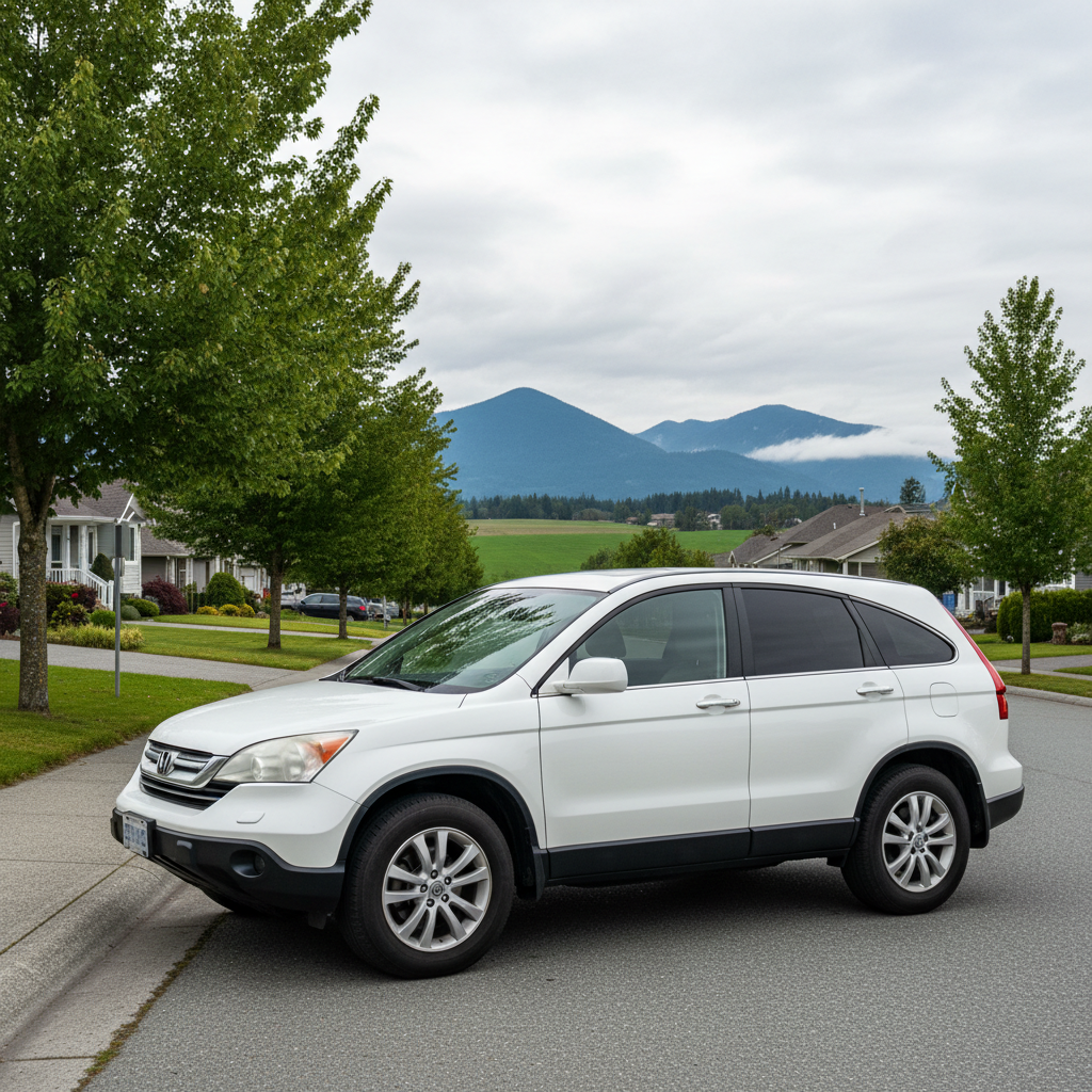 Used crossover SUV parked on a quiet Abbotsford Fraser Valley residential street with distant fields
