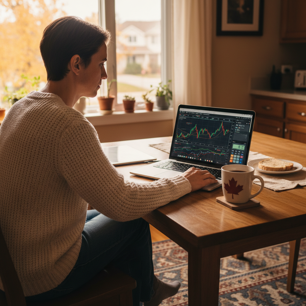 Person reviewing car loan rate figures on a laptop at a kitchen table in Canada