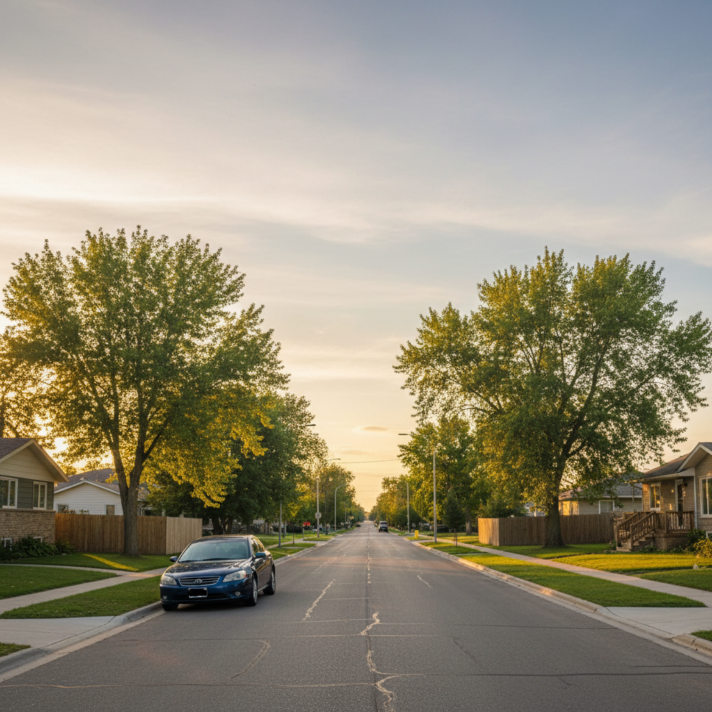 Blue sedan on a quiet residential street in Swift Current Saskatchewan