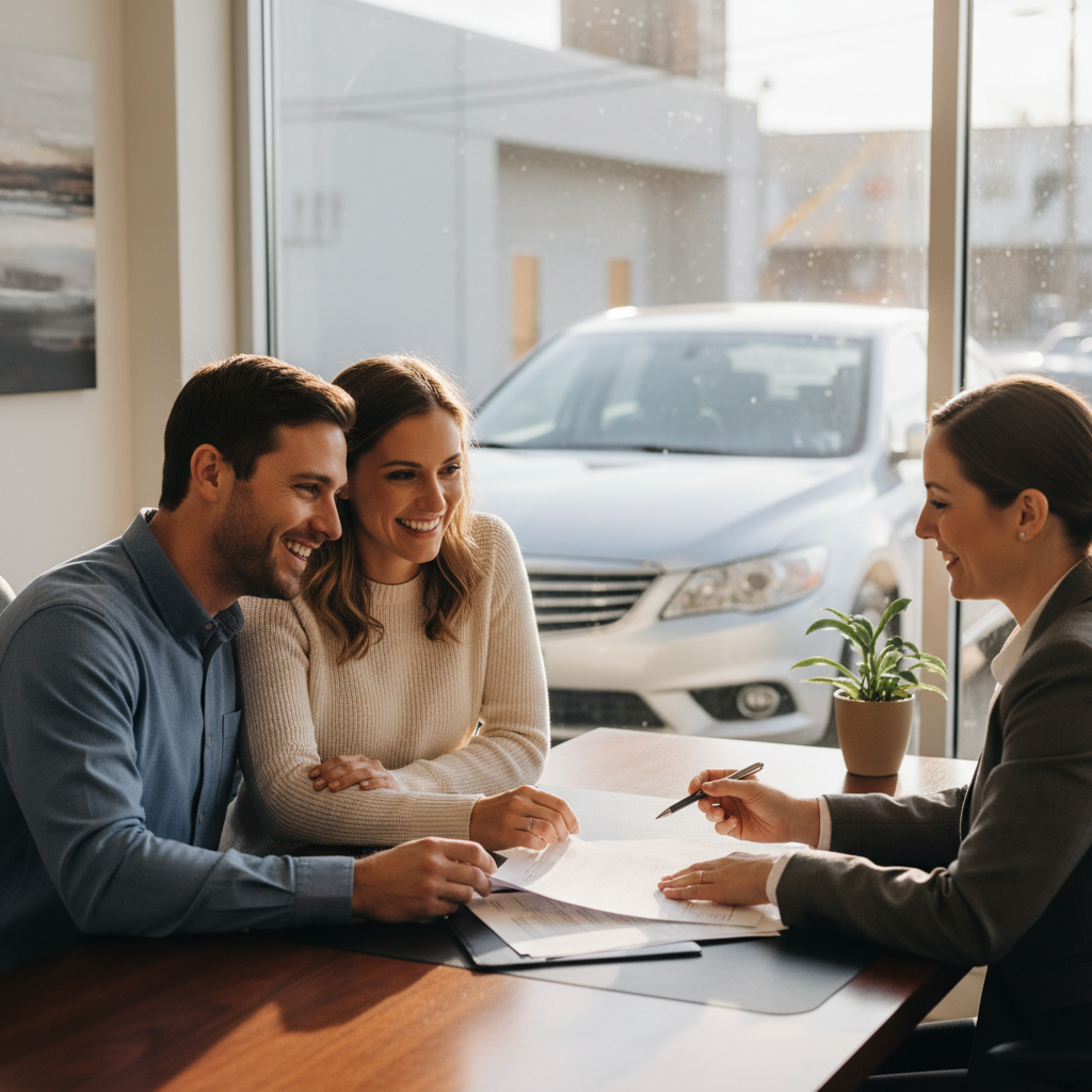 Couple reviewing certified pre-owned car financing paperwork with a dealership finance manager in Canada