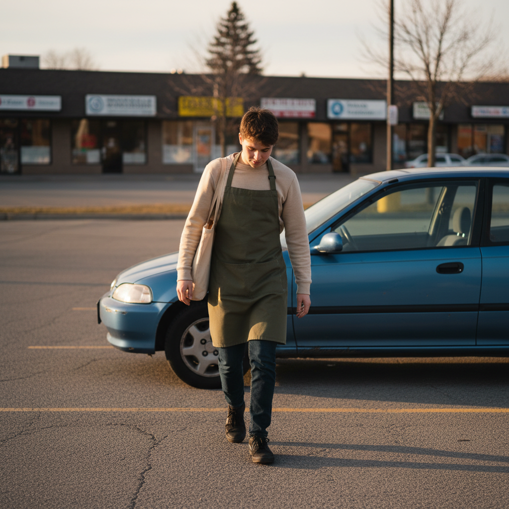 Worker walking toward a used hatchback after a shift in a Canadian parking lot