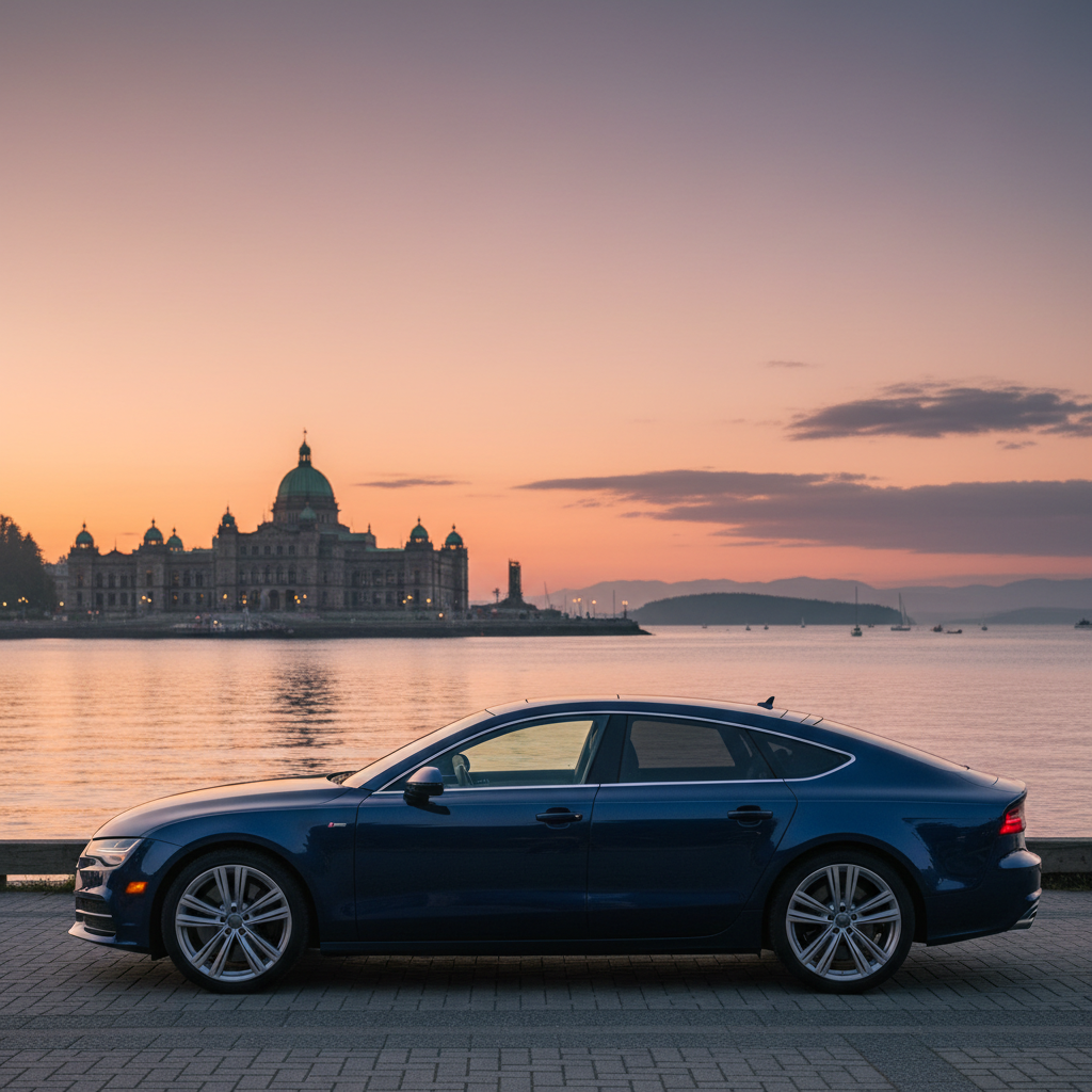 Sedan parked near the Victoria, BC harbour with the Parliament Buildings and ocean in the background