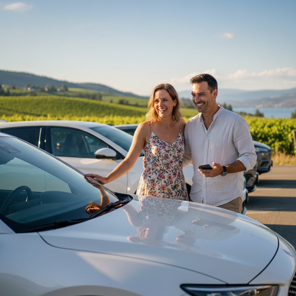 A couple looking at a car together at an outdoor dealership lot in Kelowna, BC, with Okanagan vineyard hills and the lake visible in the background