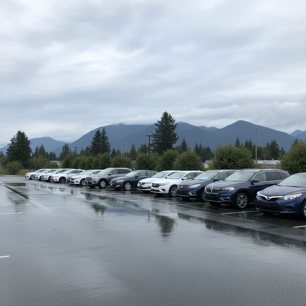 Row of used cars at an independent Canadian dealership lot on an overcast day with mountains in the distance