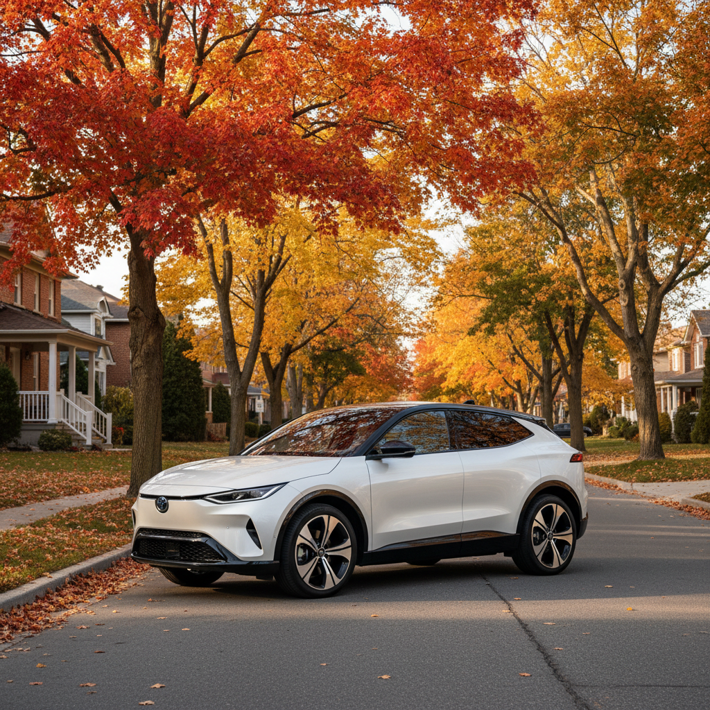 Modern hybrid crossover parked on a Canadian suburban street in autumn