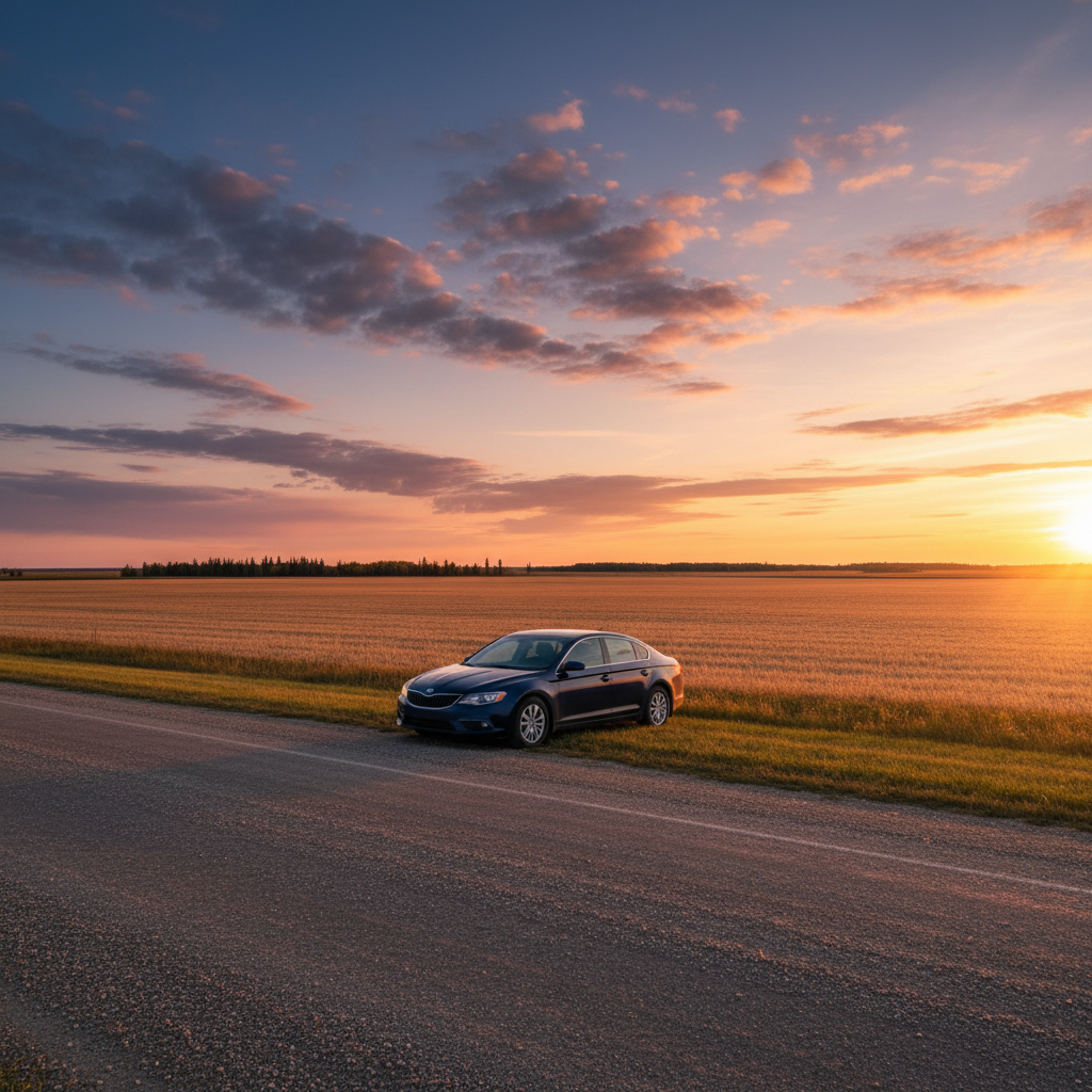 Sedan parked on a rural road beside harvested fields in Saskatchewan