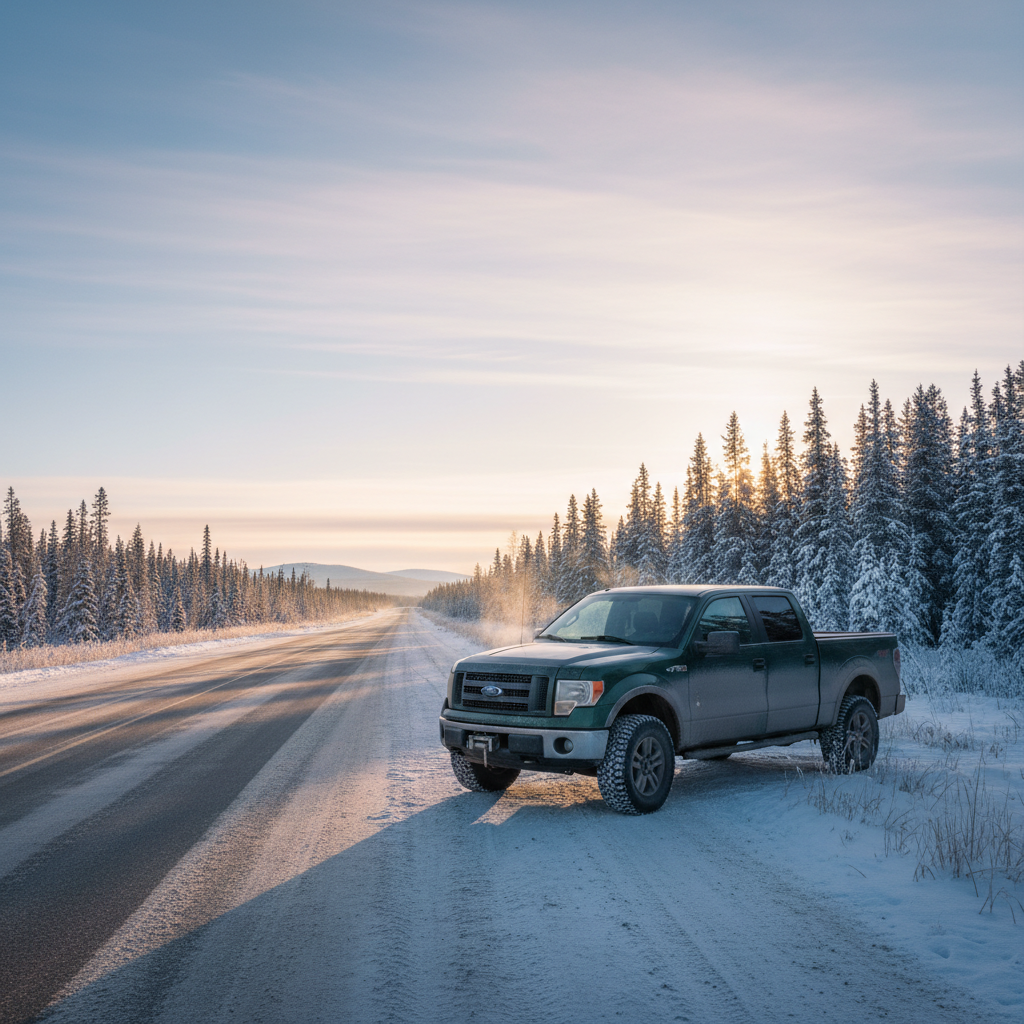 Pickup truck on a frosty roadside near boreal forest in northern Alberta winter light