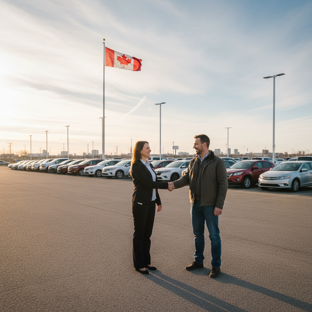 A salesperson and customer shaking hands on a car dealership lot in a prairie city with rows of used and new vehicles under a wide open sky