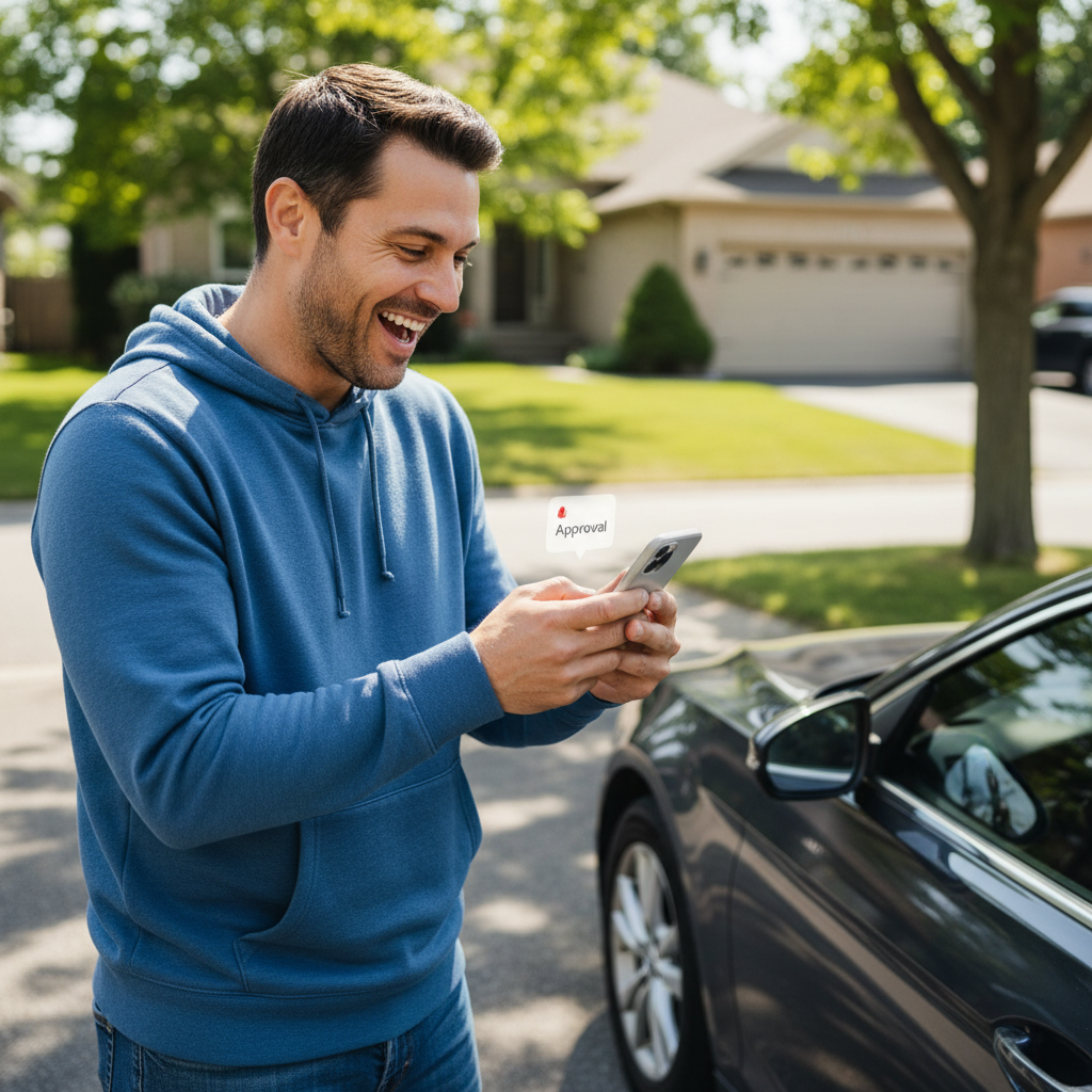 Person smiling at a car loan approval notification on their phone next to a parked car in Canada