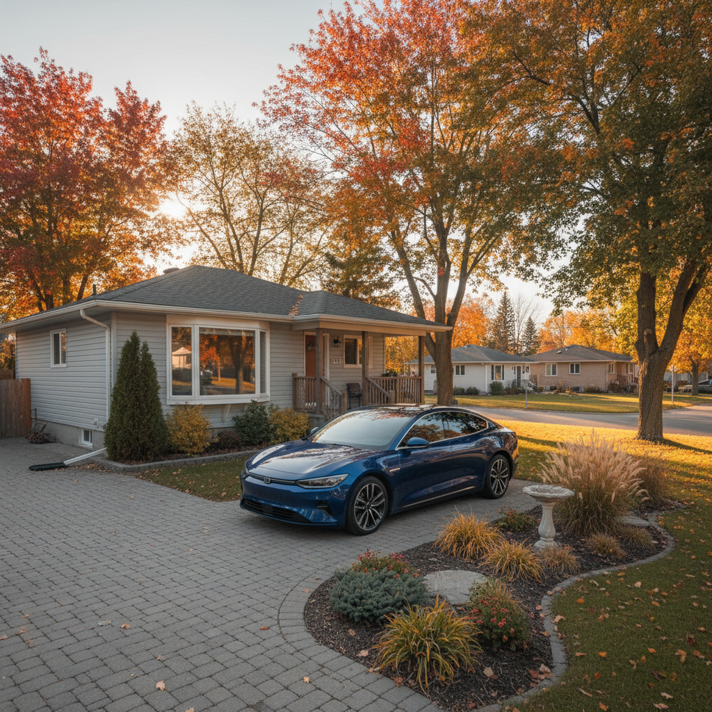 Late-model sedan parked beside a quiet Canadian suburban bungalow in soft morning light