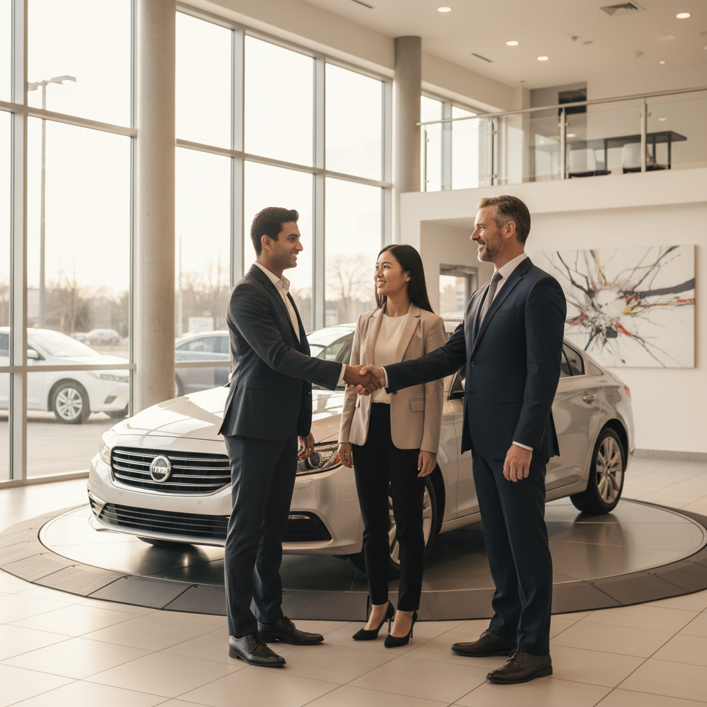 Couple shaking hands with a car dealer in a showroom