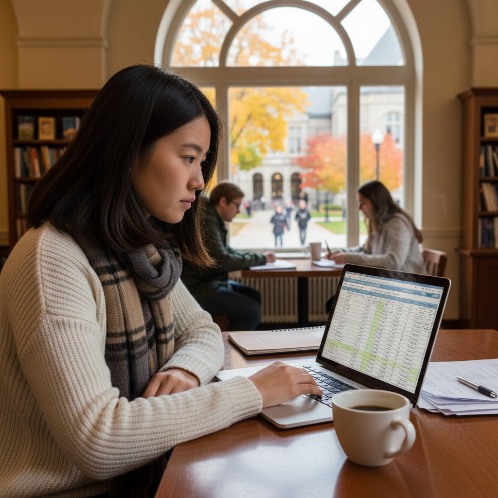 International student reviewing car financing documents on a laptop at a Canadian campus cafe