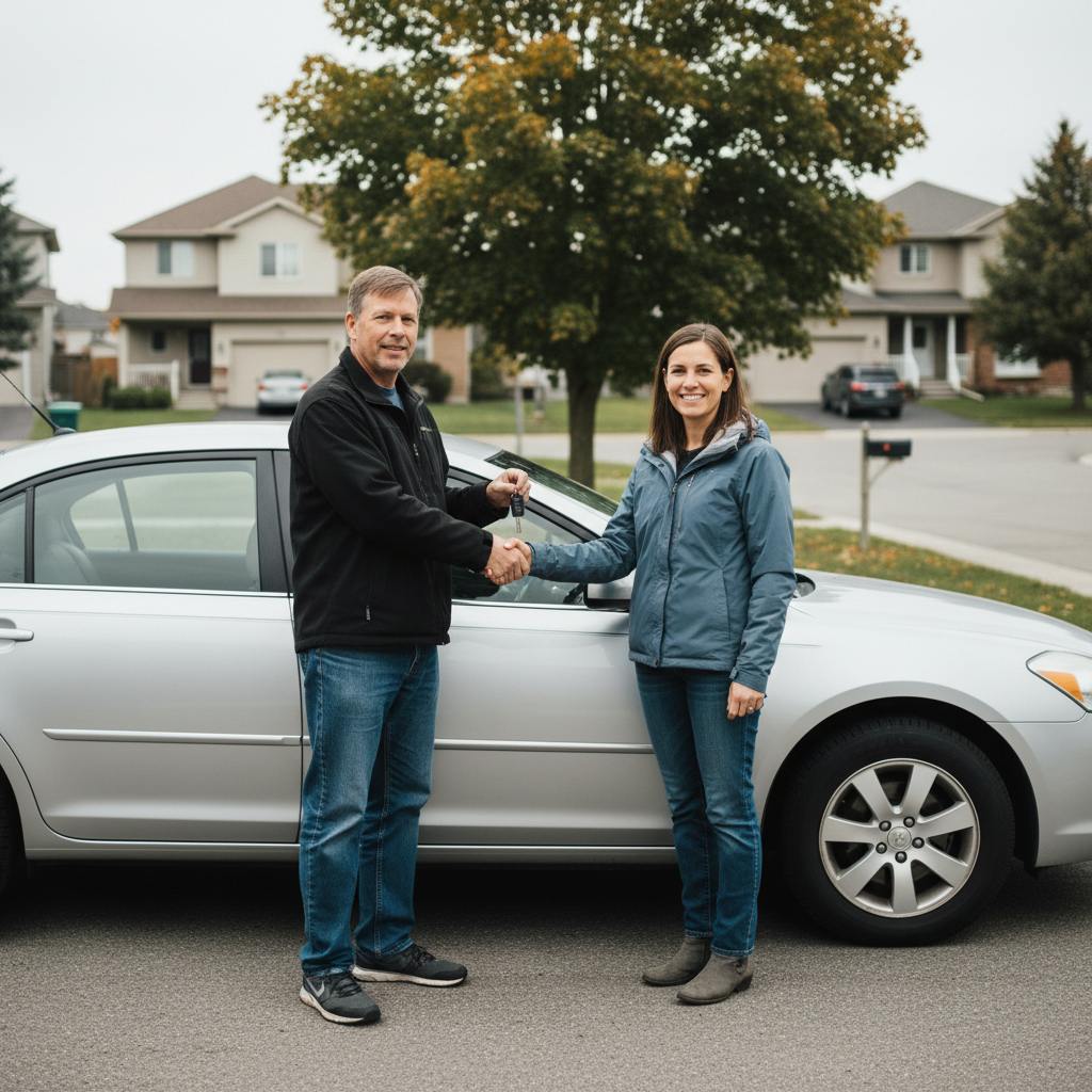 Buyer and seller shaking hands and exchanging keys during a private car sale in a Canadian driveway, illustrating a car loan for private sale vehicles
