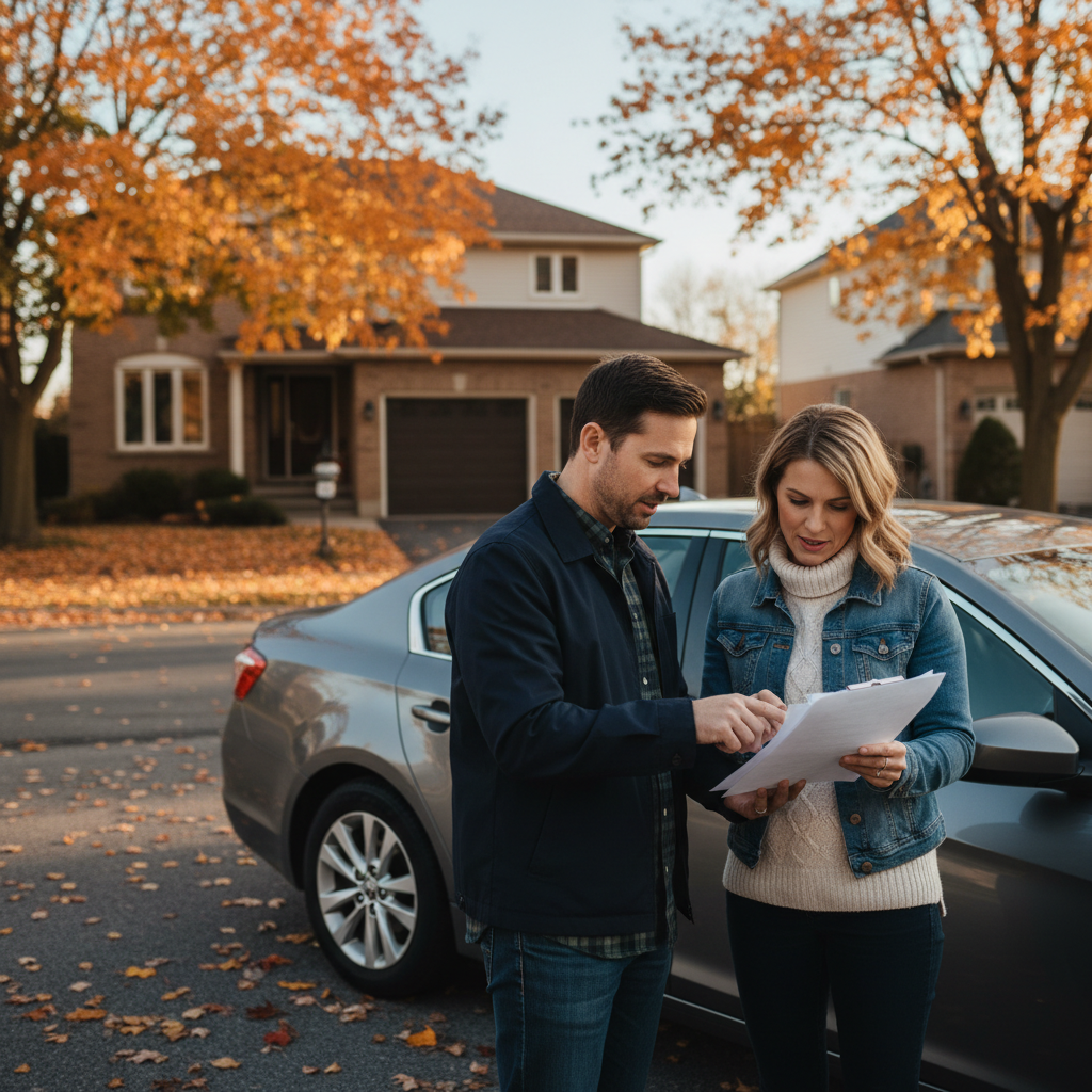 A couple reviewing car lease paperwork together beside their vehicle in a suburban driveway on an autumn day