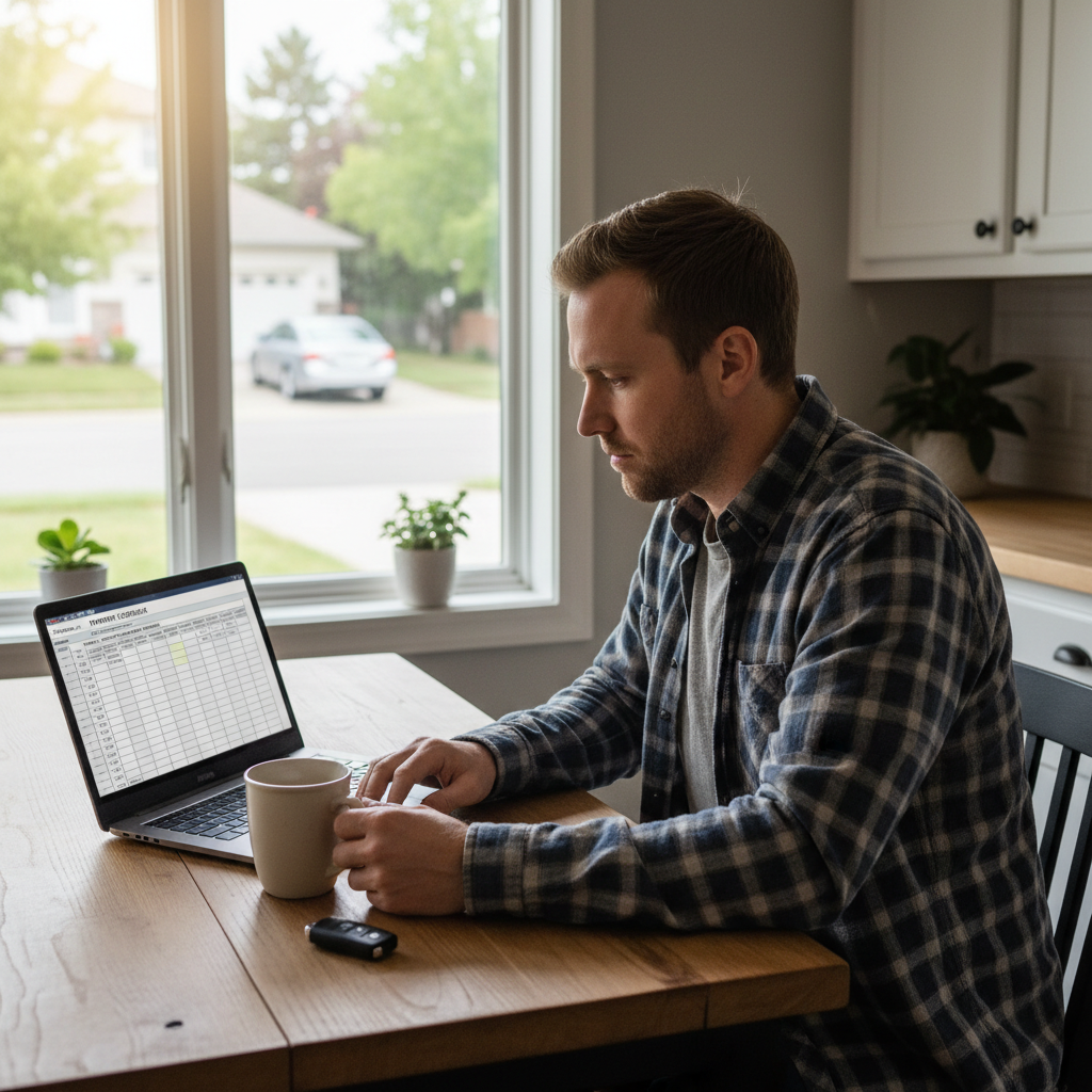 Canadian driver reviewing a car loan payment schedule on a laptop at a kitchen table with coffee and car keys