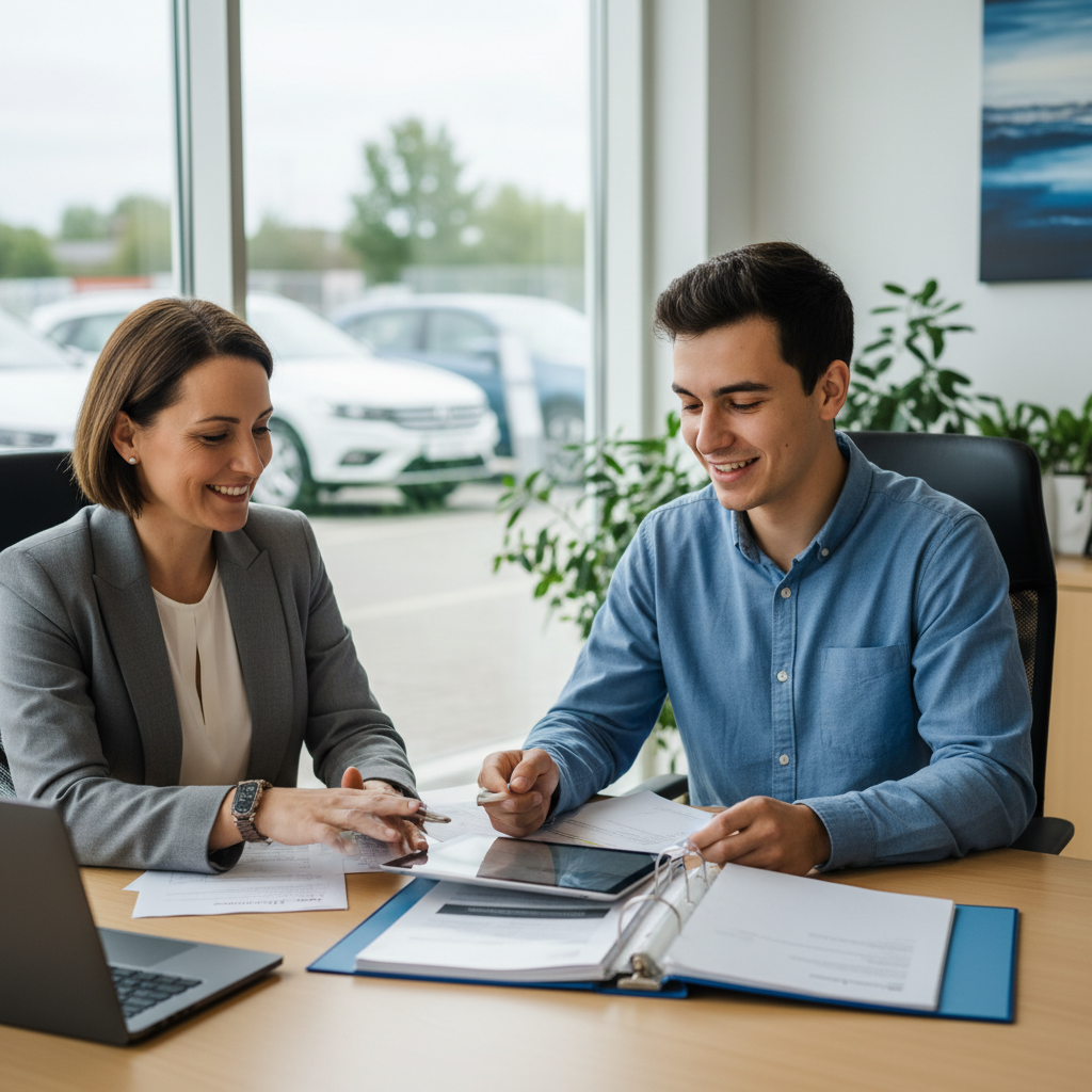Work permit holder reviewing car loan paperwork with a finance advisor in Canada