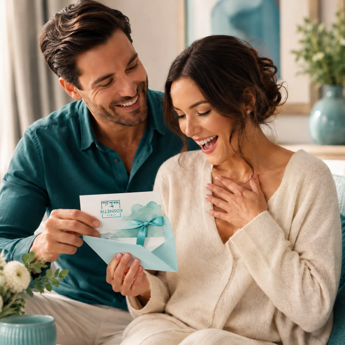 Mann überrascht Frau mit einem Geschenkgutschein für Kosmetik und Wellness in Leverkusen