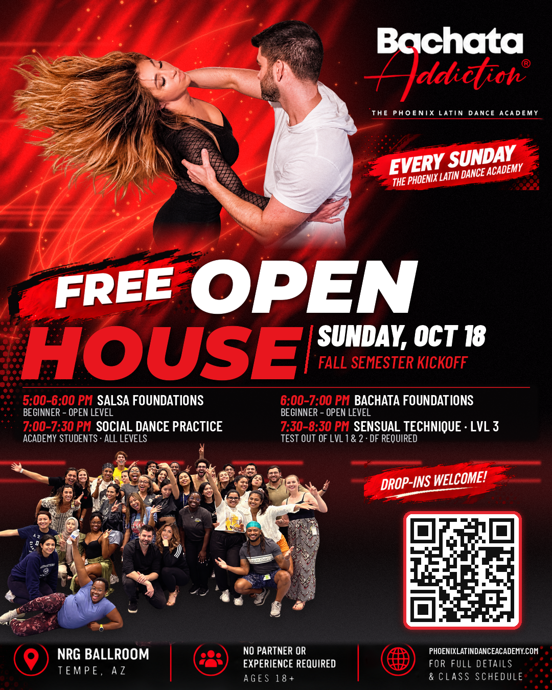 Bachata Addiction Phoenix Latin Dance Academy FREE Open House, Sunday October 18. Salsa, Bachata, social practice and Sensual Technique at NRG Ballroom in Tempe.