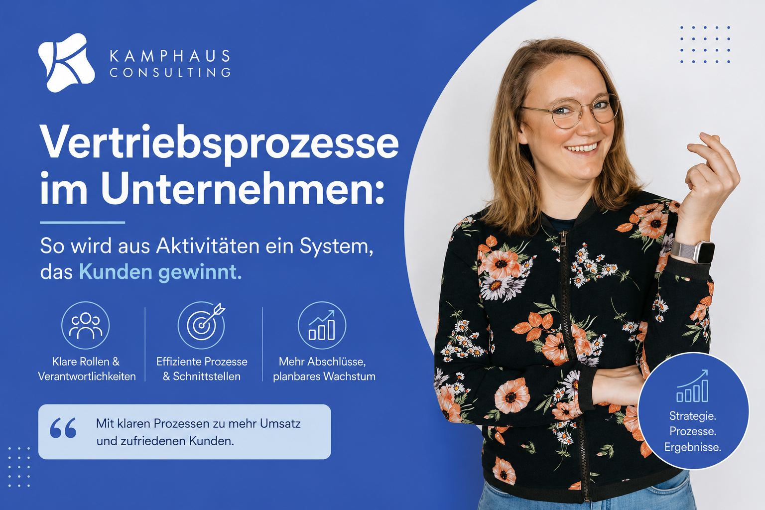 Titelbild zum Blogbeitrag „Vertriebsprozesse im Unternehmen“ mit Lena Kamphaus von Kamphaus Consulting. Das Bild zeigt, wie Unternehmen durch strukturierte Vertriebsprozesse, klare Verantwortlichkeiten und effiziente Abläufe planbar mehr Kunden gewinnen.