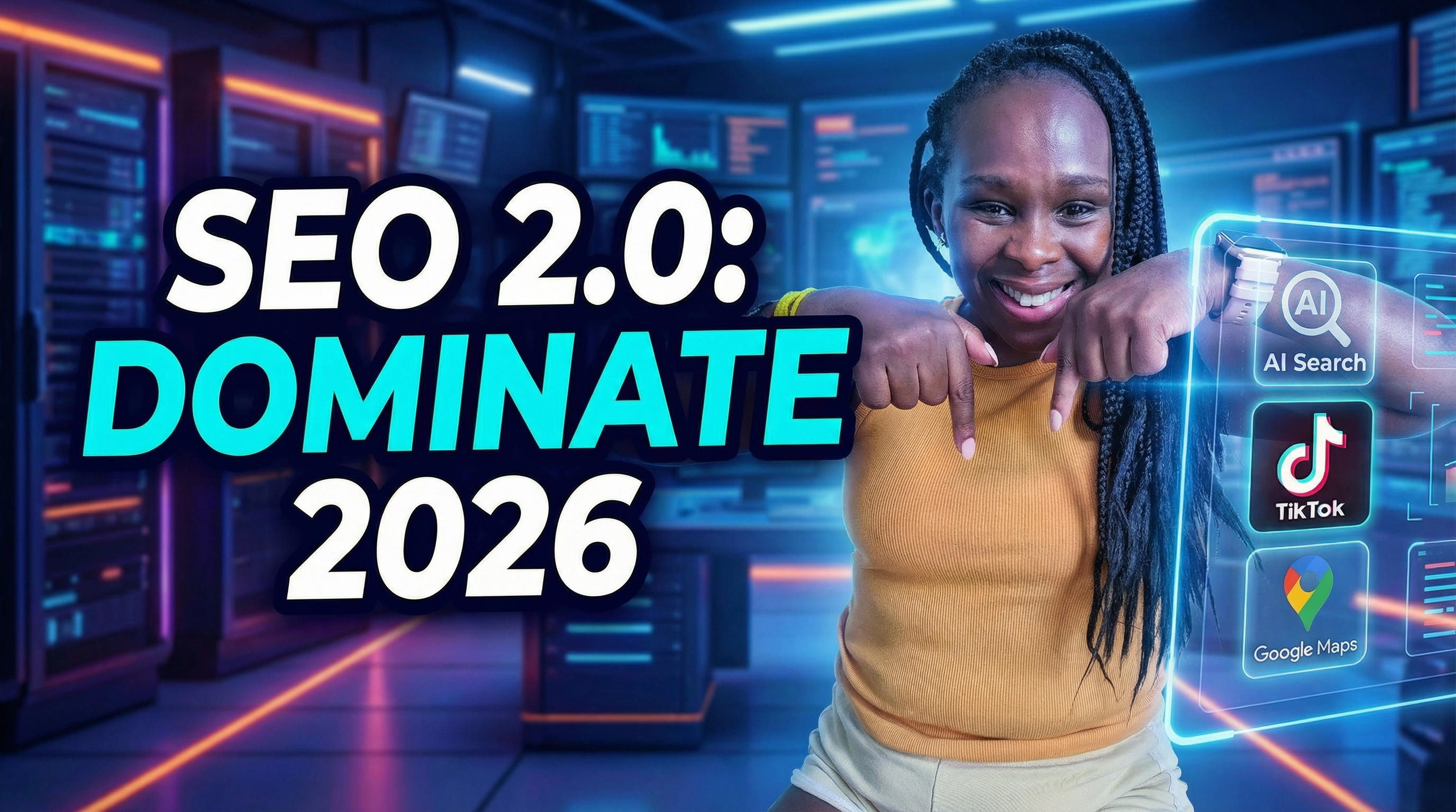 Nelly, a business and AI consultant, points to a futuristic digital interface showing AI search, TikTok, and Google Maps icons, with the title "Mastering Search Everywhere Optimization 2026" in gold and white text on a navy blue and black background. Keywords: local SEO, AI marketing, digital marketing, 2026 trends, search everywhere optimization, FACTS framework, business growth.
