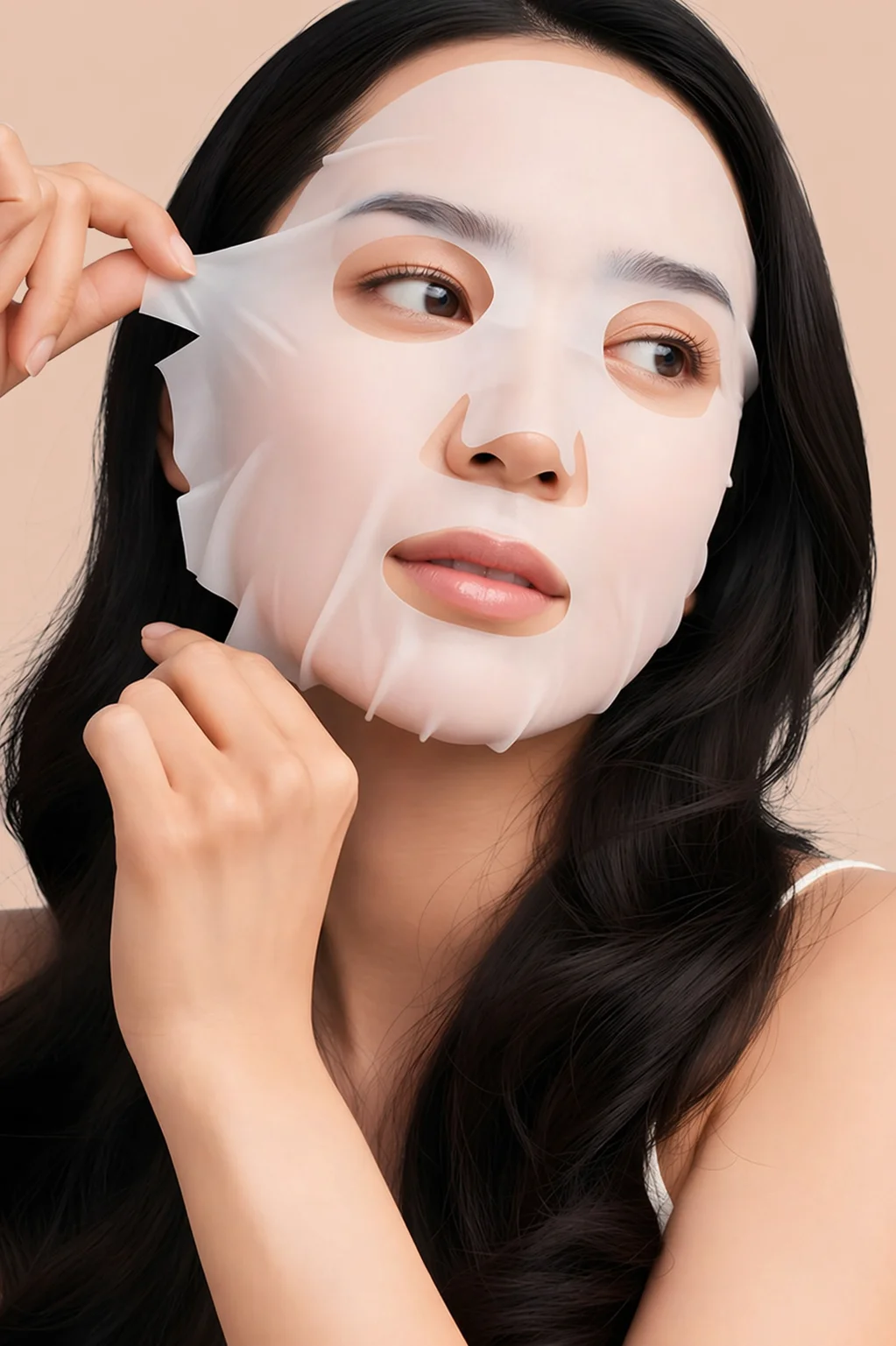 Une femme aux cheveux foncés applique soigneusement un masque en tissu translucide sur son visage, en regardant sur le côté.