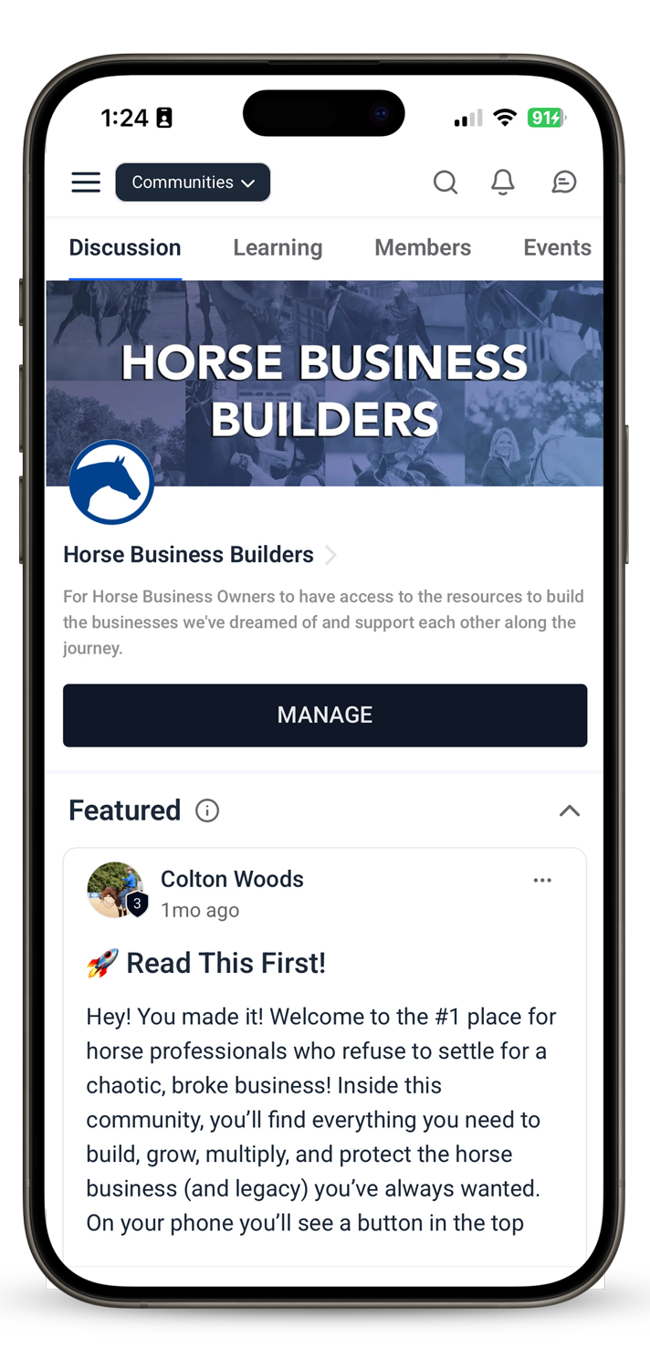 Horse Business Builders community feed on mobile