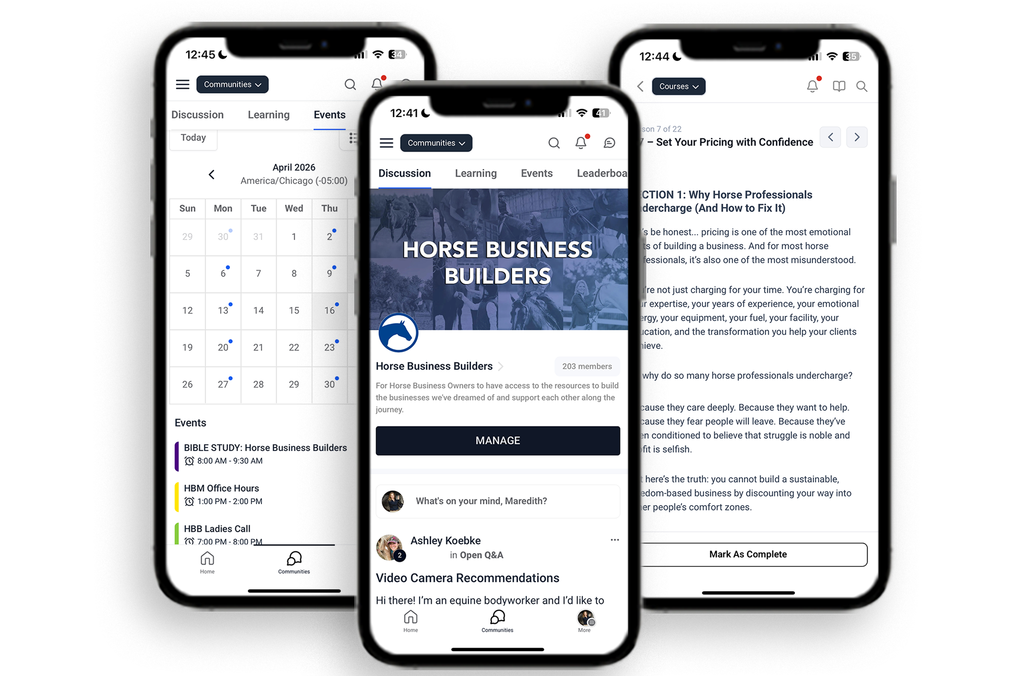 Horse Business Builders mobile app showing events, community, and courses