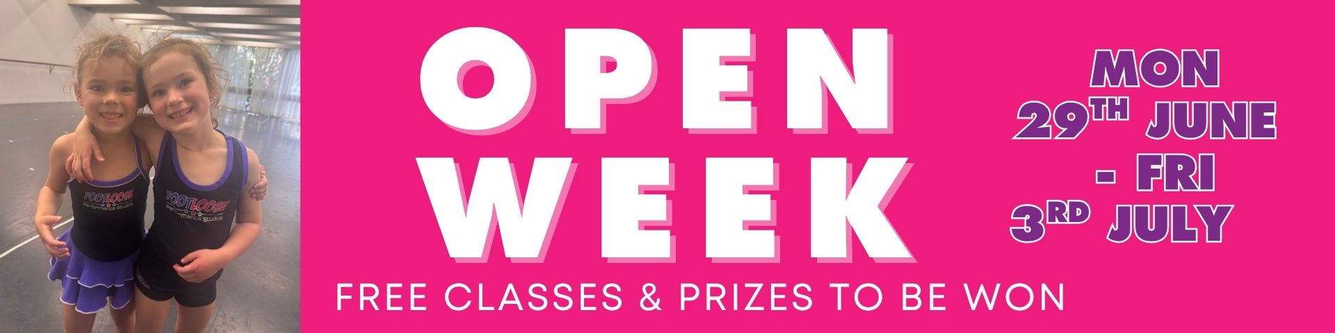 Open Week banner promoting free dance classes at Footloose Performance Studios Hornsby, inviting families to try preschool and kids dance classes.