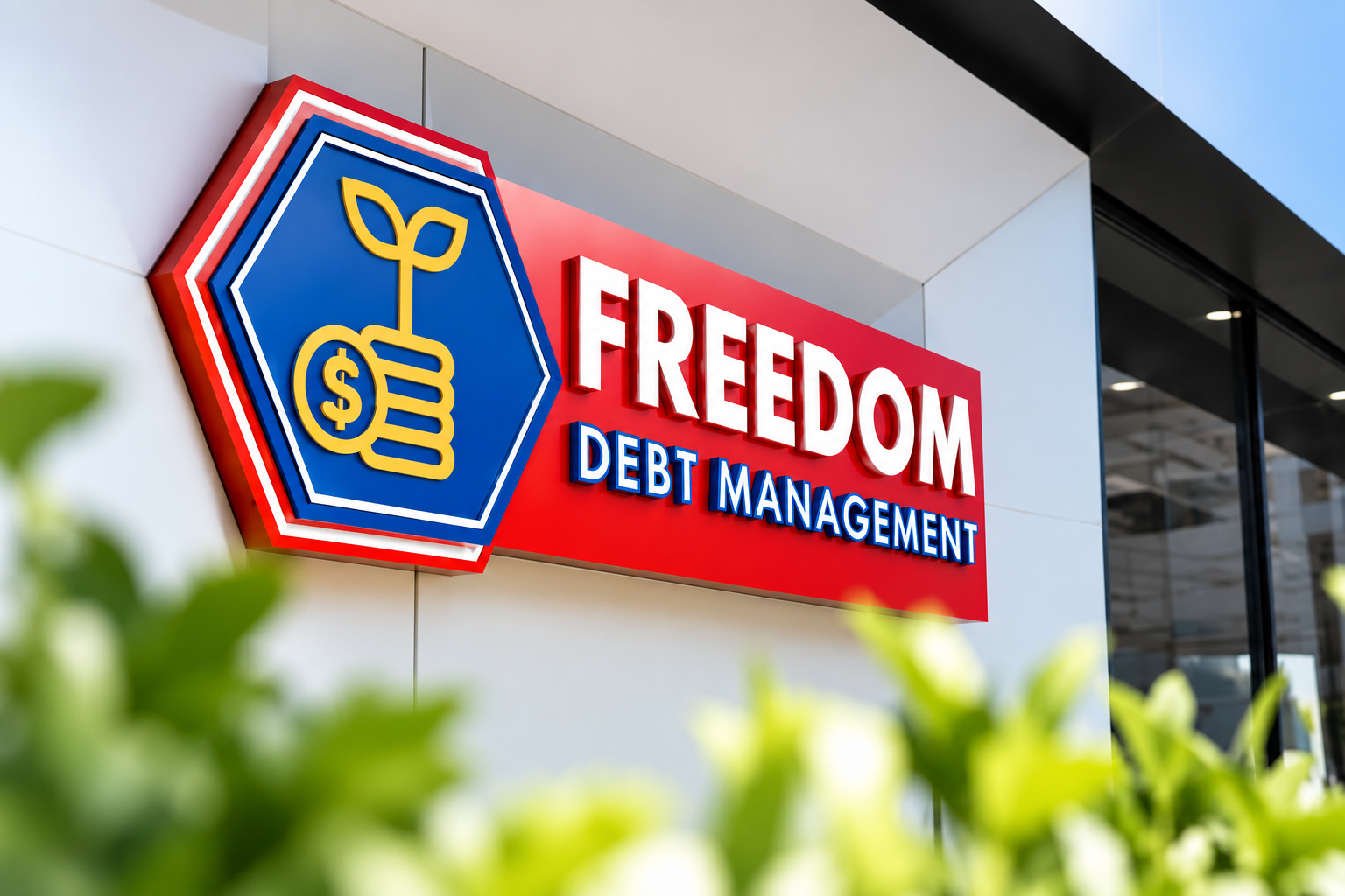 Exterior building sign showing the Freedom Debt Management logo and lettering.