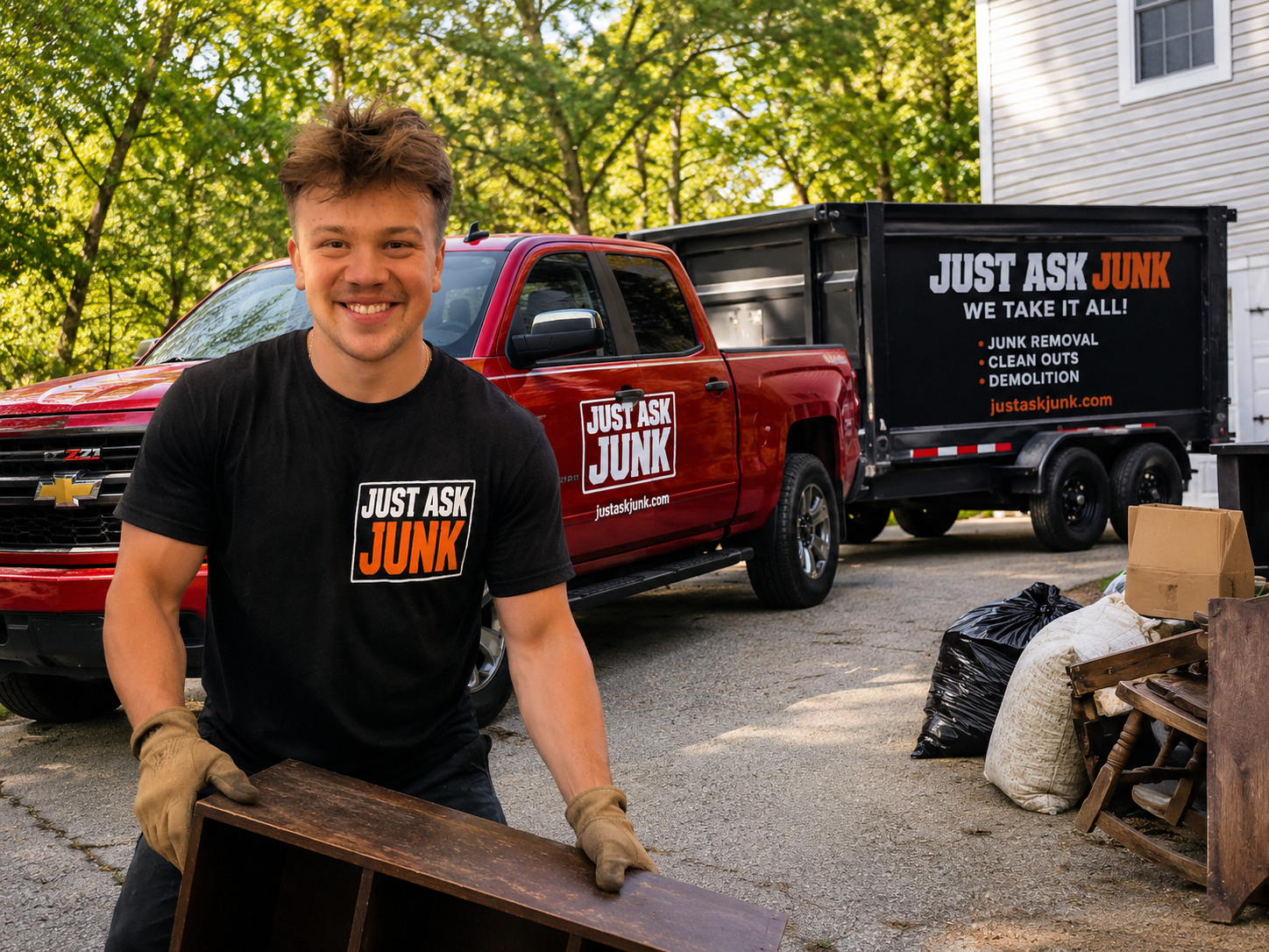 Parker loading furniture into the Just Ask Junk truck