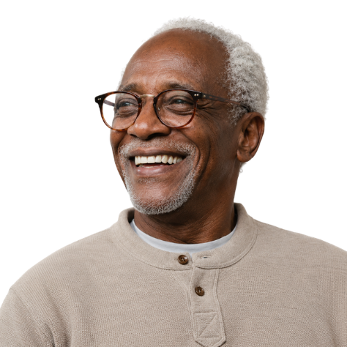 A patient wearing a snap-in implant denture