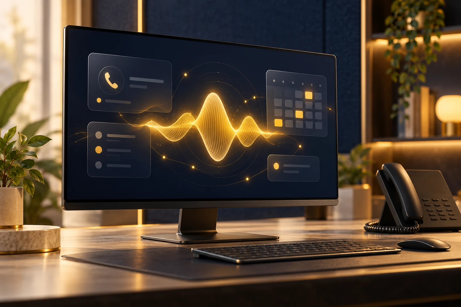 Illustrative AI reception interface with a voice waveform, call and calendar panels
