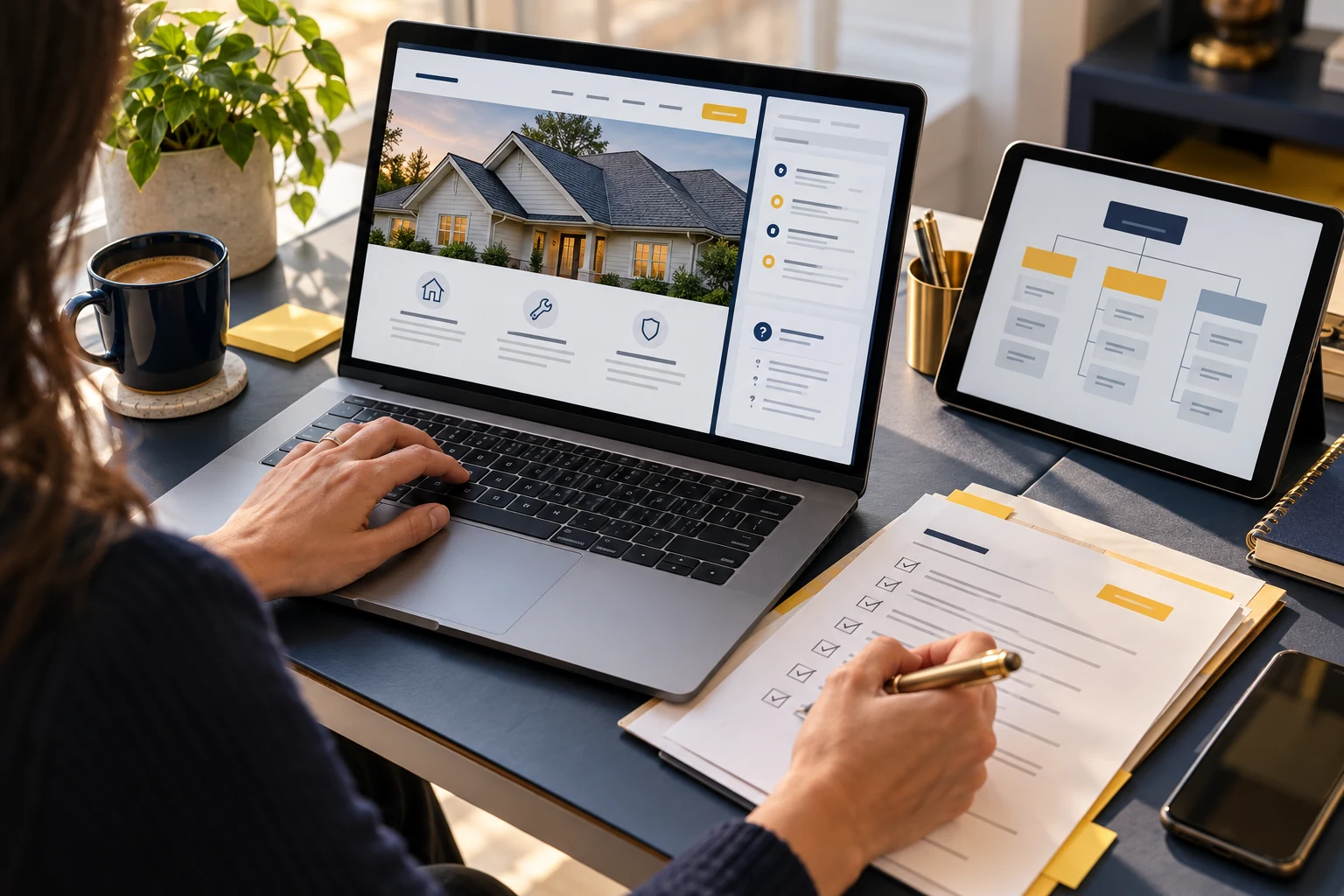 Illustrative roofing website review with search and AI-answer optimization notes
