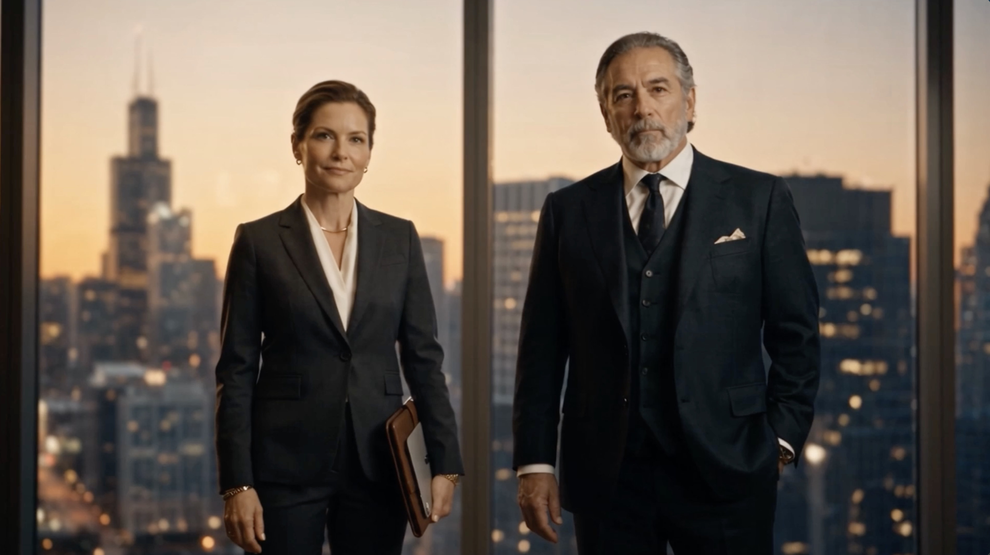 Cinematic law firm commercial production featuring a confident attorney in a modern office at golden hour