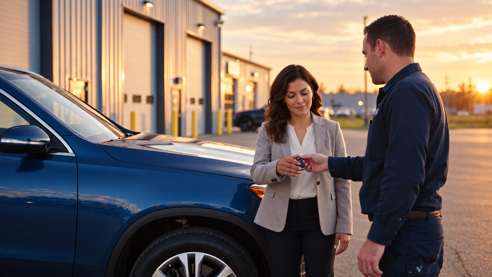 Cinematic commercial frame showing a professional automotive service moment