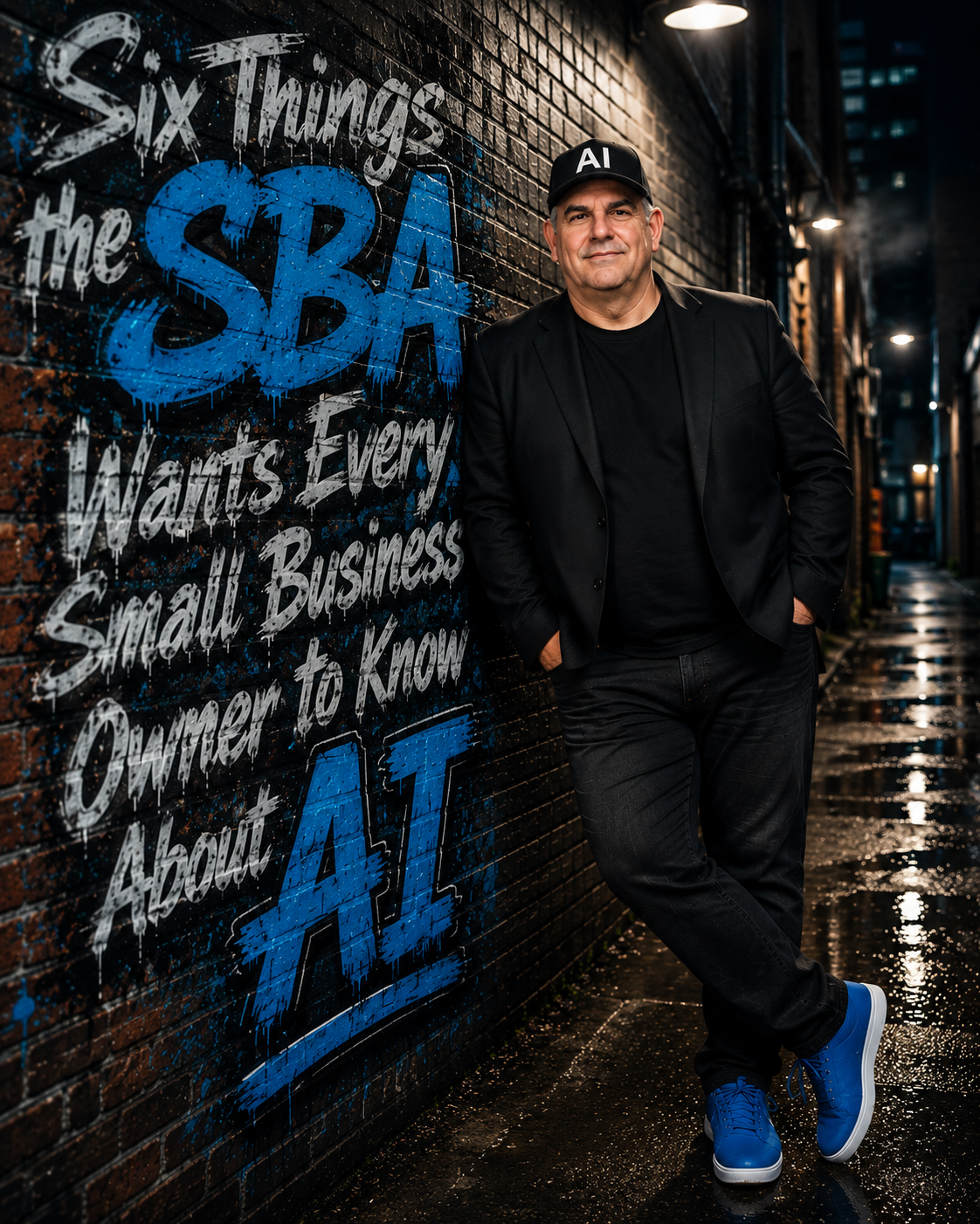 Man leaning against a brick wall with graffiti.