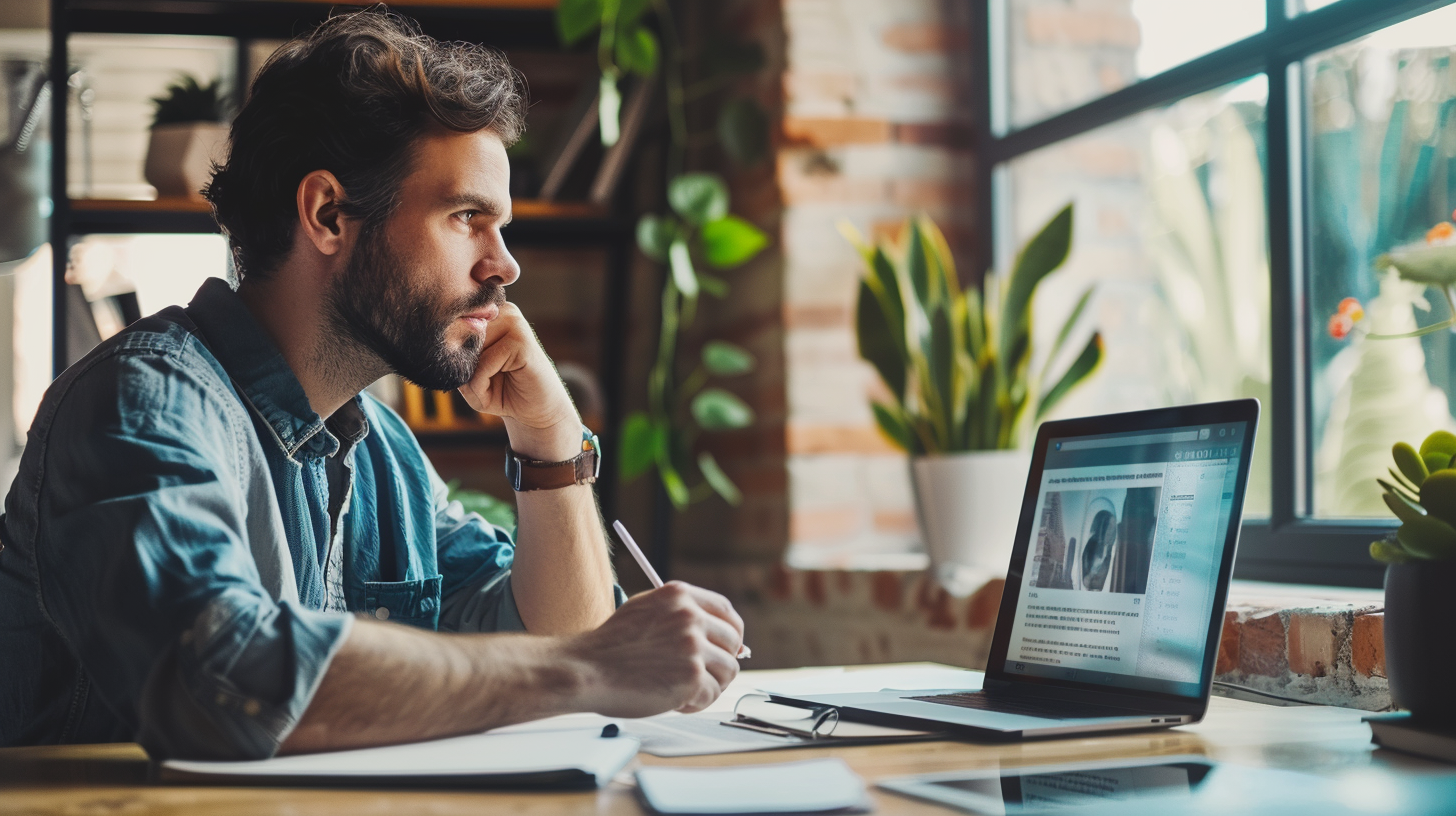 Small business owner at a desk with multiple browser tabs open on a laptop, pen in hand, notepad blank, expression thoughtful.