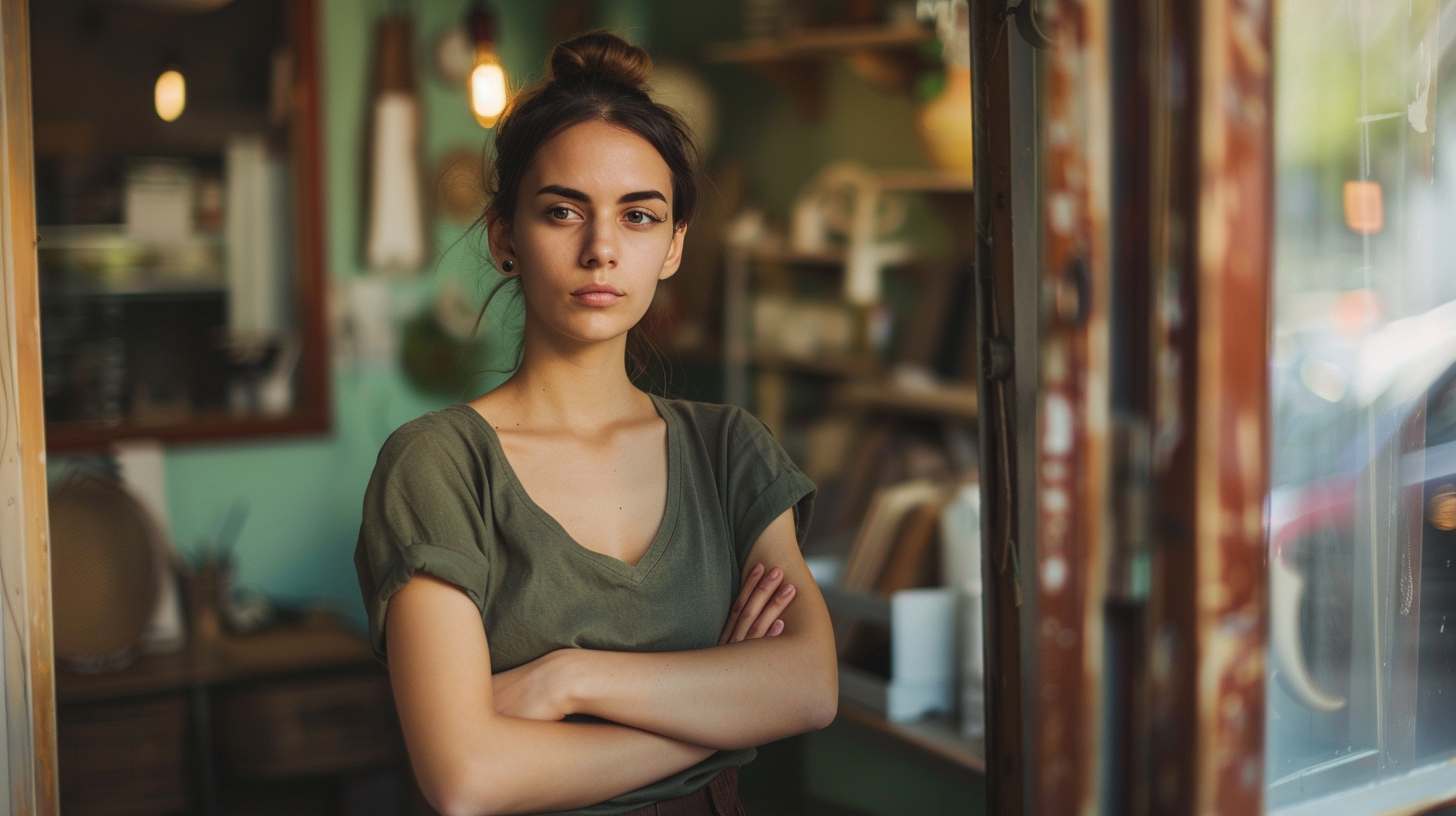 Small business owner standing in a shop doorway looking thoughtful, considering whether to start using AI.