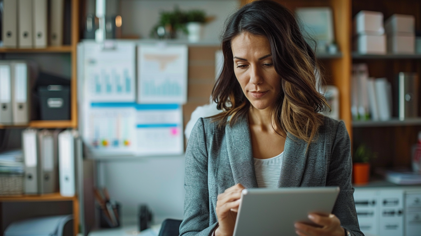 Business owner in a professional setting reviewing operational software on a tablet, organized workspace with workflow diagram visible on a whiteboard in the background.