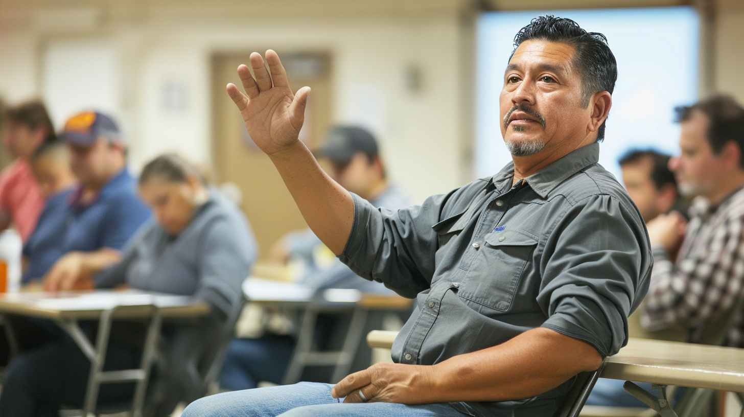 Middle-aged tradesman in a collared shirt sitting among small business owners in a community meeting room, right hand raised, expression skeptical but curious, other attendees visible in the background.
