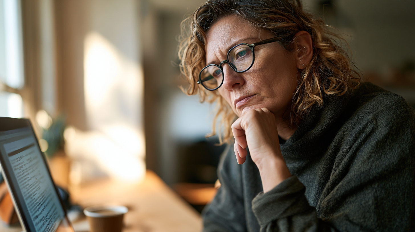 Frustrated small business owner sitting alone at a wooden desk in a home office, staring at a laptop screen showing a generic AI response, expression tired and slightly defeated.